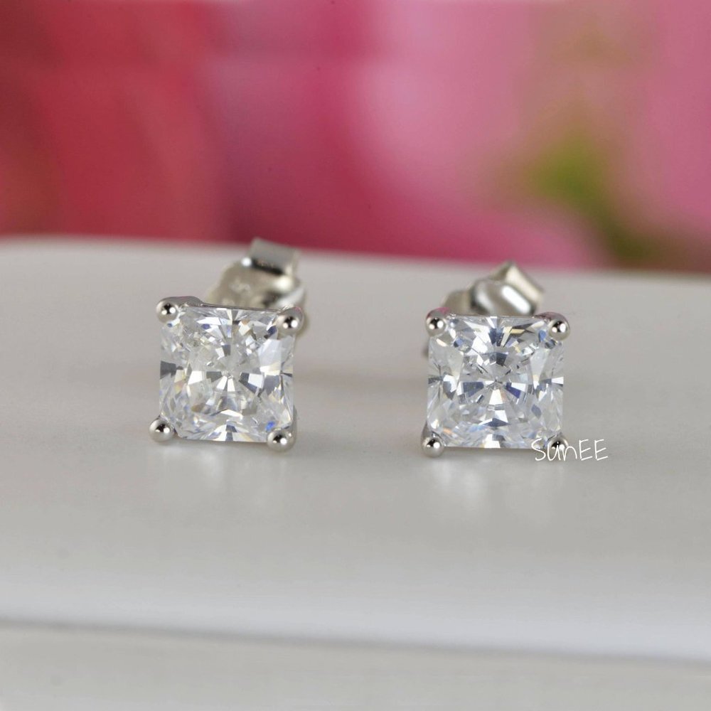 925 Sterling Princess Cut Stud Earrings 2CTW Crushed Ice High Carbon Diamond